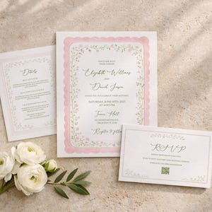 May include: Wedding invitation suite featuring a main invitation, details card, and RSVP card. The cards have a pink and white floral design with elegant script. A white ribbon and white flowers with green leaves are arranged near the cards.