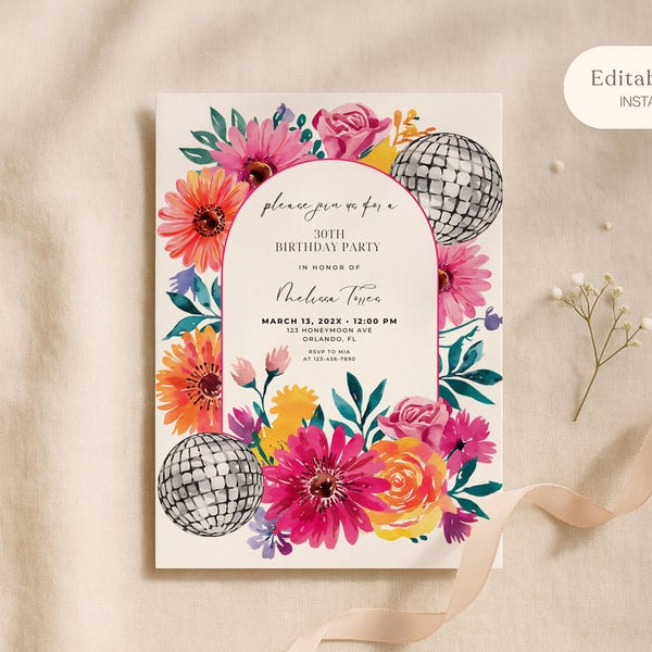 Invitación para fiesta de cumpleaños con flores brillantes y disco, invitación para despedida de soltera con margaritas de primavera y verano, fiesta nupcial rosa fuerte, plantilla editable