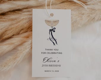 Champagne Coupe Favor Tag Template, Black Bow, Editable Canva, Birthday Thank You Tag, Printable Party Labels, Matching Champagne Invite