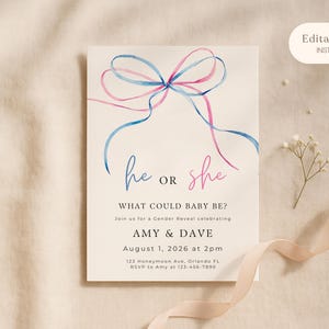 Editable Bow Gender Reveal Invitation Template,He or She Invitation,Pink Blue Invitation Mobile Invite,What Will Baby Be Boy Or Girl,Evite