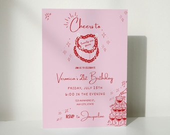 21st Birthday Invitation Template,Editable Cheers to 21 Years Illustrated Birthday Party Invite,Pink and Red Coquette Bday Invite Printable