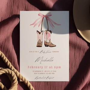 Cowgirl and Bows Baby Shower Invitation Template,Coquette Cowgirl Boots Western Theme Editable Invite,Pink Bow,Cowboy Boots,Instant Download