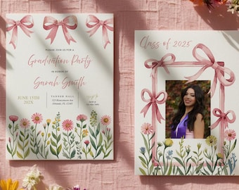 Invitación fotográfica de graduación con flores silvestres: Fiesta de graduación floral moderna (Plantilla editable de Canva)