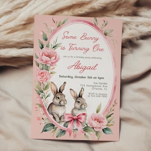 Floral Little Bunny Birthday Invitation,Printable Pastel watercolor Invitation Canva Template, Editable Some Bunny Birthday Party Invite