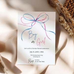 Pink and Blue Bow Gender Reveal Invitation,Minimal Ribbon Gender Reveal Invite,boy or girl invite,printable template,instant download