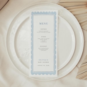 Blue Scalloped Menu Template, Editable Printable Menu Card, Boy Baby Shower Brunch Dinner Table Decor, Modern Bridal Canva Digital Download