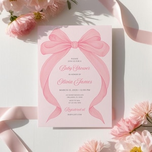 Pink Bow Baby Shower Invitation Template,Ribbon Minimalist Baby Shower Invite, Coquette Baby Shower,Instant Download Printable Template 5x7