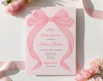 Pink Bow Baby Shower Invitation Template,Ribbon Minimalist Baby Shower Invite, Coquette Baby Shower,Instant Download Printable Template 5x7