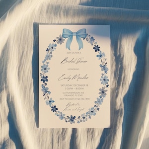 Blue Wildflower Bow Bridal Shower Invitation, Dusty Blue Floral Love In Bloom Bow Coquette Invite, Oval Frame, Printable Editable Template