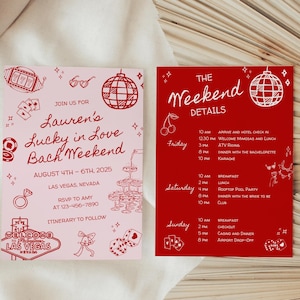 Invitación e itinerario de la despedida de soltera de Las Vegas, Lucky in Love, Itinerario de fin de semana editable, ilustración dibujada a mano, Plantilla imprimible