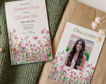 Invitación de graduación con flores rosas: foto de flores silvestres (plantilla digital)