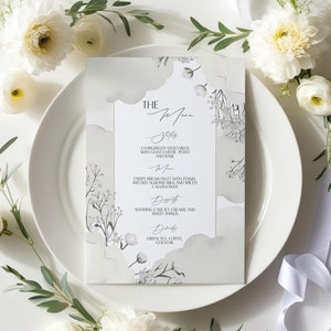 On Cloud Nine Menu Card,Soft Neutral Cloud Themed Dinner Menu Template,Editable On Cloud 9 and Floral Minimal Aesthetic Bridal Menu Template
