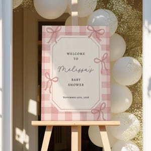 Dusty Pink Gingham Bow Baby Shower Welcome Sign Template, Editable Canva, Coquette Grandmillennial, Entrance Poster, Matching Invite