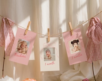 Girls First Birthday Milestone Banner: Pink Bow Photo Cards (Digital Canva Template)