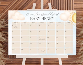 May include: A light blue and white baby shower game with a calendar for guests to guess the arrival date of Baby Henry. The calendar is decorated with clouds and a sun.