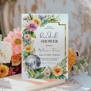 Floral Disco Bridal Shower Invitation,Wildflower Disco Floral,Floral Bridal Shower Invite,Modern Disco Birthday,Bach Party,Editable Template