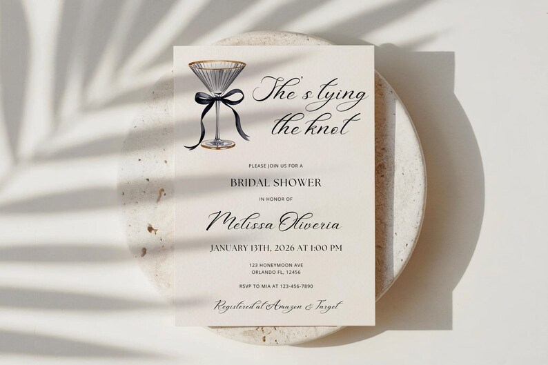 Editable Bridal Shower Invitation Template,She's Tying the Knot,Martini Glass Black Bow Invite, 5x7 Canva Digital Download image 4