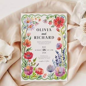 Green Colorful Floral Wedding Invitation Template, Summer Wedding Invitation Suite, Whimsical Botanical Garden Invitation, Instant Download