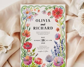 Plantilla de invitación de boda con flores verdes: Jardín Botánico (Descarga instantánea, editable en Canva, 13 x 18 cm)