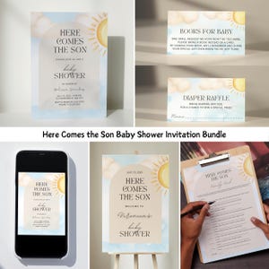 Sunshine Baby Shower Bundle Template, Here Comes the Son Invitation, Welcome Sign, Retro Shower Games Matching Set, Canva Editable Template