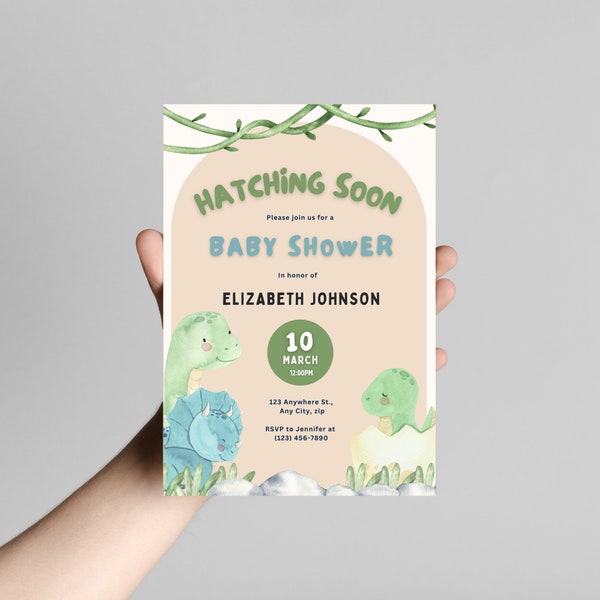Dinosaur Baby Shower Invitation | Hatching Soon, Baby Dinosaur Theme, Neutral Boho, Canva Editable Printable Template