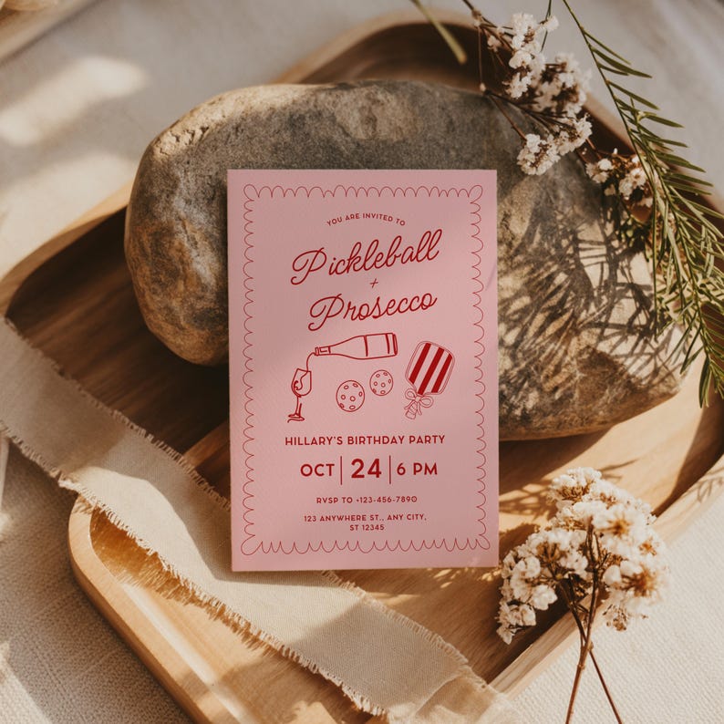 Pickleball and Prosecco Birthday Party Invitation,Coquette Hand Drawn Doodle Pickleball Invite,Pink Paddle Printable Editable Canva Template image 3