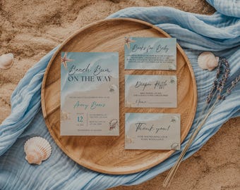 Beach Bum Baby Shower Editable Invitation Set,Baby on Board, Surfer's Baby Shower Invite,Beach Theme Baby Shower,Book for Baby,Diaper Raffle