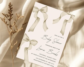 EDITABLE Beige Bow Baby Shower Invitation,Gender Neutral Baby Shower Invite,Coquette Neutral Ribbon Minimalist Digital Printable Template