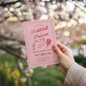 Pickleball and Prosecco Birthday Party Invitation,Coquette Hand Drawn Doodle Pickleball Invite,Pink Paddle Printable Editable Canva Template image 5