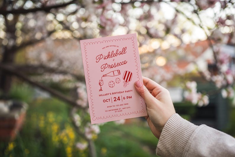 Pickleball and Prosecco Birthday Party Invitation,Coquette Hand Drawn Doodle Pickleball Invite,Pink Paddle Printable Editable Canva Template image 5