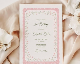 Pink Scalloped Floral Birthday Invitation Template • Editable 1st 2nd 3rd • Garden Party Invite • Canva Template • Printable or Evite