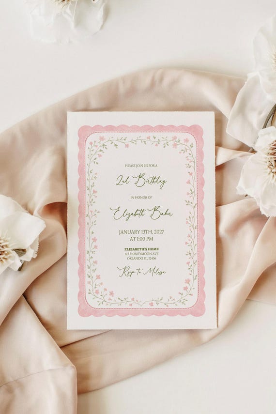Pink Scalloped Floral Birthday Invitation Template • Editable 1st 2nd 3rd • Garden Party Invite • Canva Template • Printable or Evite