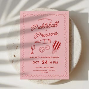 Pickleball and Prosecco Birthday Party Invitation,Coquette Hand Drawn Doodle Pickleball Invite,Pink Paddle Printable Editable Canva Template image 4