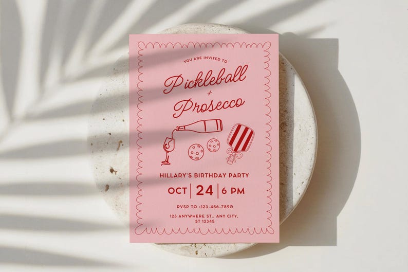 Pickleball and Prosecco Birthday Party Invitation,Coquette Hand Drawn Doodle Pickleball Invite,Pink Paddle Printable Editable Canva Template image 4