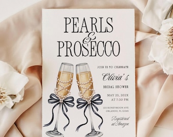 Pearls and Prosecco Bridal Shower Invitation: Elegant Champagne Design (Canva Template, Digital Download)