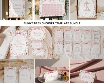 Vintage bloemen konijntje uitnodigingsbundel babyshower: bewerkbare sjabloon (digitale download))
