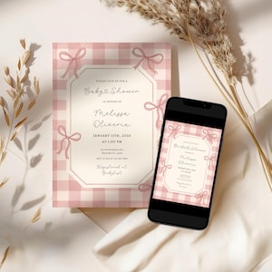 May include: A baby shower invitation and a smartphone displaying the same design. The invitation features a pink gingham pattern with pink bow accents and text that reads "Baby Shower" and the name "Melissa Oliveria". The smartphone screen mirrors the invitation's design.