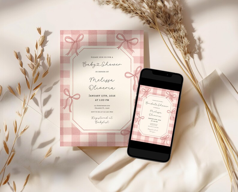 May include: A baby shower invitation and a smartphone displaying the same design. The invitation features a pink gingham pattern with pink bow accents and text that reads "Baby Shower" and the name "Melissa Oliveria". The smartphone screen mirrors the invitation's design.