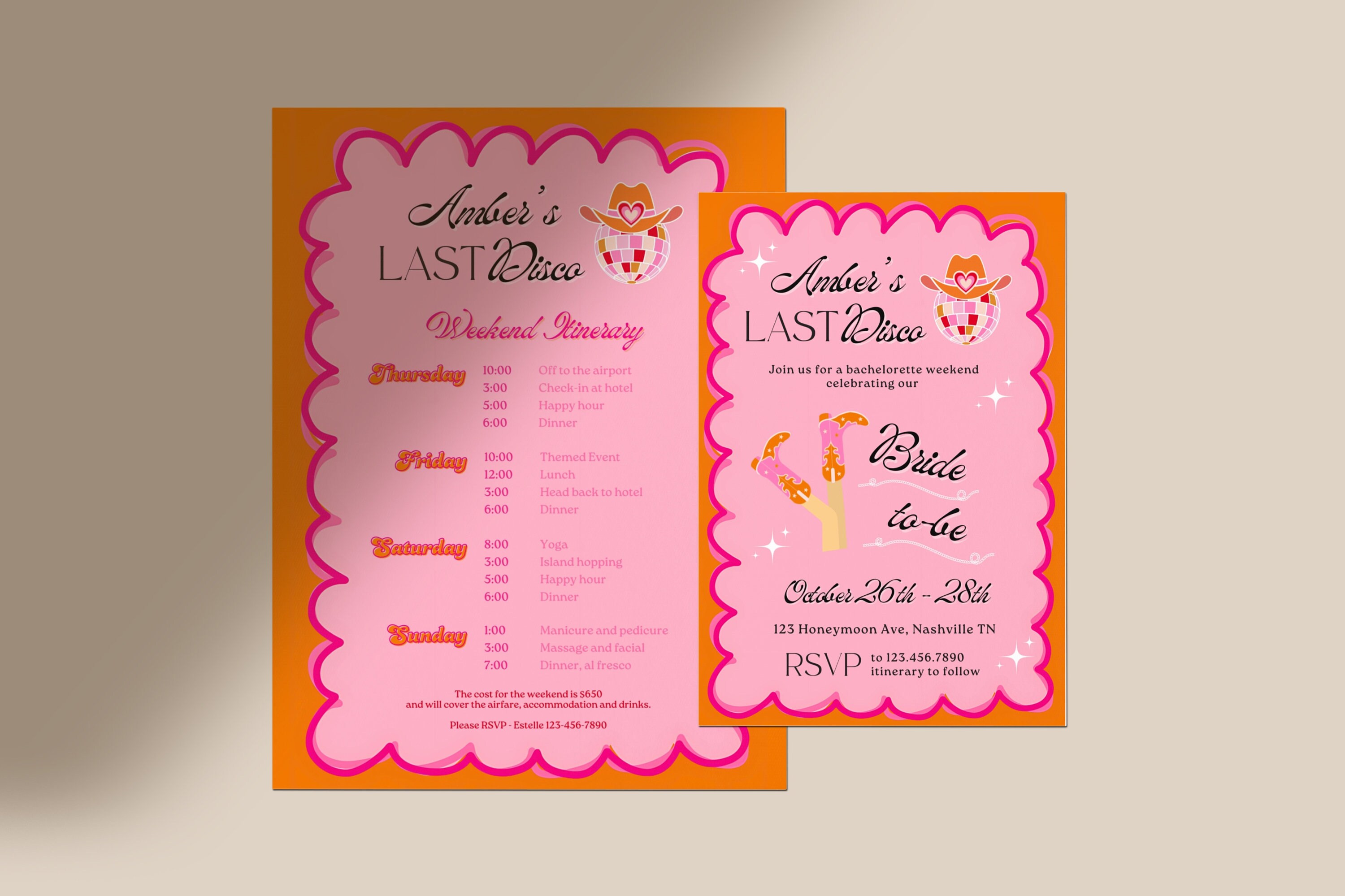 Disco Cowgirl Bachelorette Weekend Itinerary, Bachelorette Weekend Template, Last Disco Cowgirl Bachelorette Retro Invitation Template 2pc
