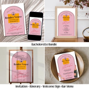 Last Rendez Veuve Bachelorette Bundle, Veuve Vor Gelübde, bearbeitbarer Wochenendreiseplan, Bach Party Beschilderung, Bar Signature Drink Menu Template