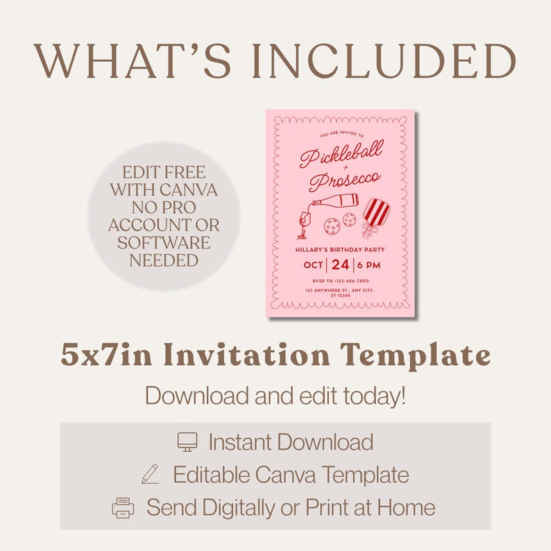 Pickleball and Prosecco Birthday Party Invitation,Coquette Hand Drawn Doodle Pickleball Invite,Pink Paddle Printable Editable Canva Template image 8