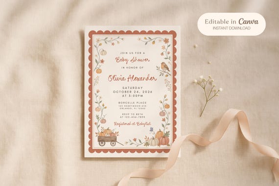 Fall Harvest Baby Shower Invitation Template, Editable Canva, Autumn Pumpkin Shower Invite, Printable Instant Download