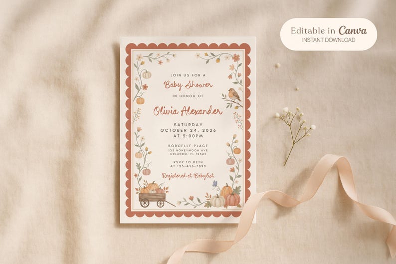 May include: A rectangular baby shower invitation card with a scalloped terracotta border. The design features illustrations of pumpkins, vines, flowers, and a small bird. Text includes Join us for a Baby Shower in honor of Olivia Alexander, date, time, location, and RSVP details.