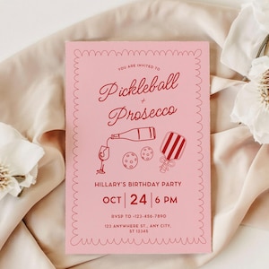 Pickleball and Prosecco Birthday Party Invitation,Coquette Hand Drawn Doodle Pickleball Invite,Pink Paddle Printable Editable Canva Template image 1