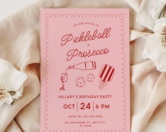 Pickleball and Prosecco Birthday Party Invitation,Coquette Hand Drawn Doodle Pickleball Invite,Pink Paddle Printable Editable Canva Template