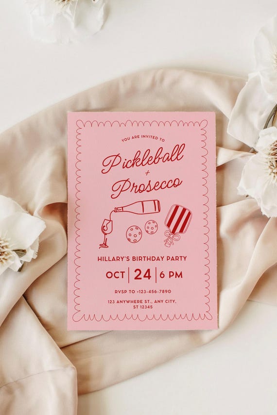 Pickleball and Prosecco Birthday Party Invitation,Coquette Hand Drawn Doodle Pickleball Invite,Pink Paddle Printable Editable Canva Template