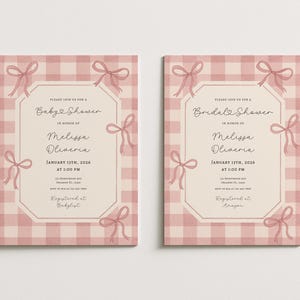 May include: Two baby shower and bridal shower invitations. Each invitation features a pink gingham pattern background with pink bows. The text reads "Baby Shower" and "Bridal Shower" with event details.