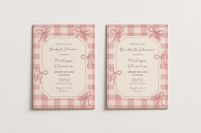 May include: Two baby shower and bridal shower invitations. Each invitation features a pink gingham pattern background with pink bows. The text reads "Baby Shower" and "Bridal Shower" with event details.