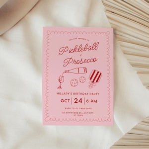 Pickleball and Prosecco Birthday Party Invitation,Coquette Hand Drawn Doodle Pickleball Invite,Pink Paddle Printable Editable Canva Template image 6