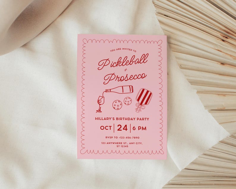 Pickleball and Prosecco Birthday Party Invitation,Coquette Hand Drawn Doodle Pickleball Invite,Pink Paddle Printable Editable Canva Template image 6